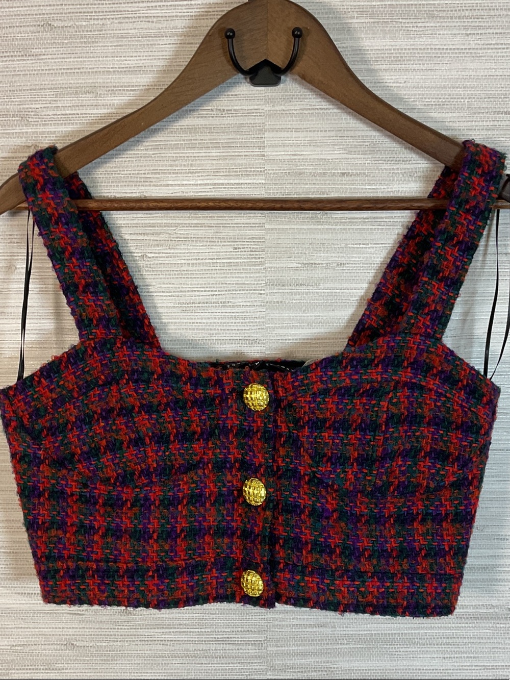 English Factory Tweed Cropped Bustier Top Red Purple Green Wool Blend Medium